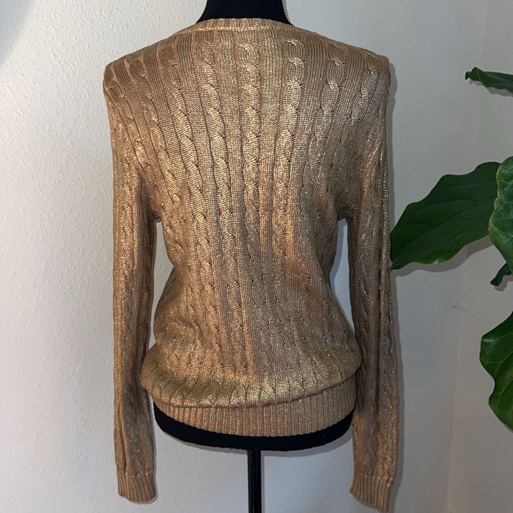 Ralph Lauren Women’s Gold Metallic Cable Knit Cotton Blend Crewneck Sweater M - Picture 14 of 16